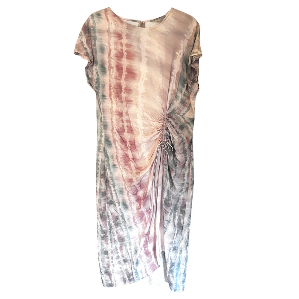 AllSaints Tie Dye Ruched Side Midi Dress Pink Green Ecovero Viscose US 8 UK 12